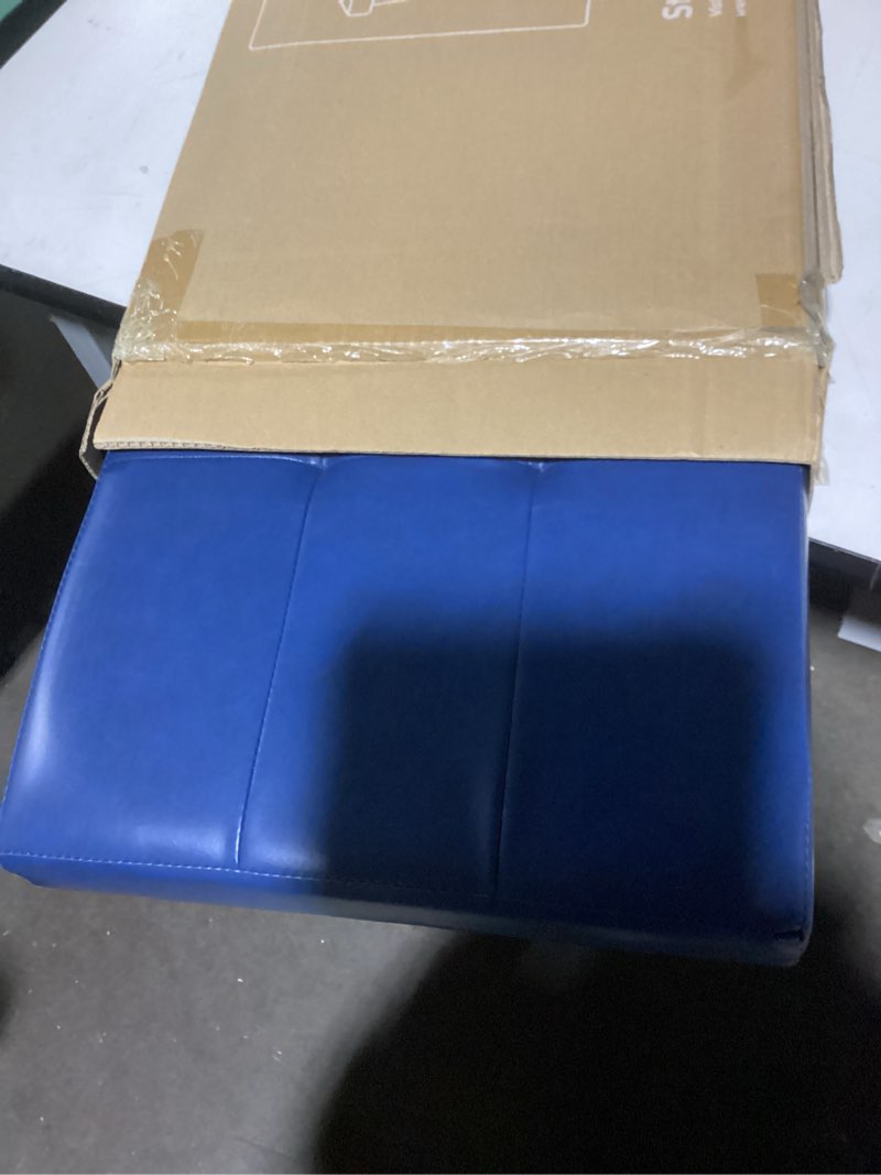 Condition photo showing Good Condition for Storage Ottoman Bench with Bins, 43-in Storage Bench for Bedroom End of Bed, Folding Foot Rest Ottoman for Living Room Max 660lbs, Leather Ottomans, Blue