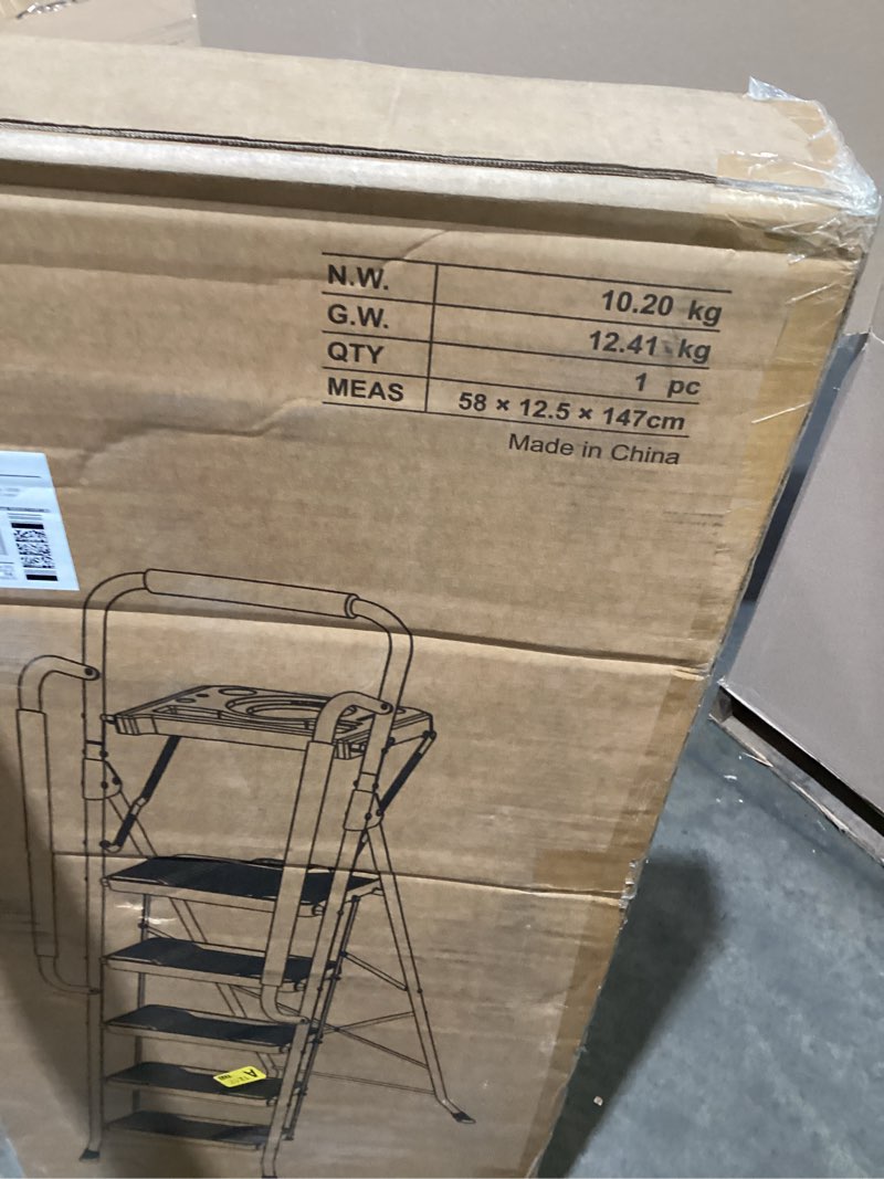 Condition photo showing As Is for kingrack folding 5-step ladder, 800 lbs capacity step stool with safety lock, tool tray, non-skid wide steps, handrail, household folding ladder for home, garden, painting, outdoor, and garage, white