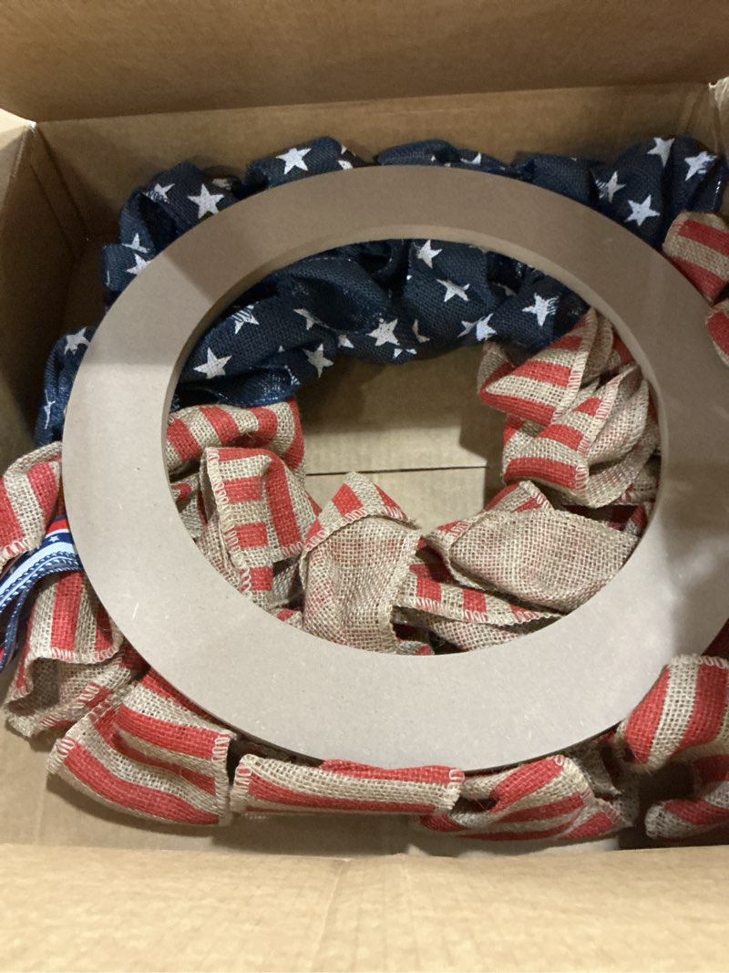 Condition photo showing As Is for 24 inch summer wreath patriotic for front door, 4th july independence day wreath america patriotic flag burlap farmhouse decor, memorial day americana wreaths for front door window christmas decor red-blue