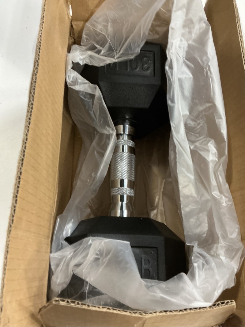 Condition photo showing New/Like New for Amazon Basics Rubber Hex Dumbbell Hand Weight 30 Pounds