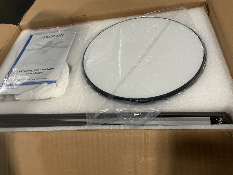 Condition photo showing Good Condition for akofun ceiling fans with lights and remote, 44" low profile ceiling fan with light, app, 6 speed, dimmable, dc motor, quiet, timer, flush mount modern led ceiling fan for bedroom living room, black black 44 inch