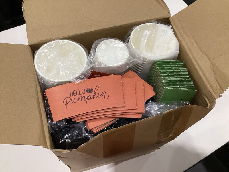 Condition photo showing Good Condition for 100 Set 12 oz Winter Christmas Hot Coffee Cups Disposable with Lids and Sleeves Hot Cocoa Cups for Winter Christmas Thanksgiving Birthday Party Supplies (Classic,White)