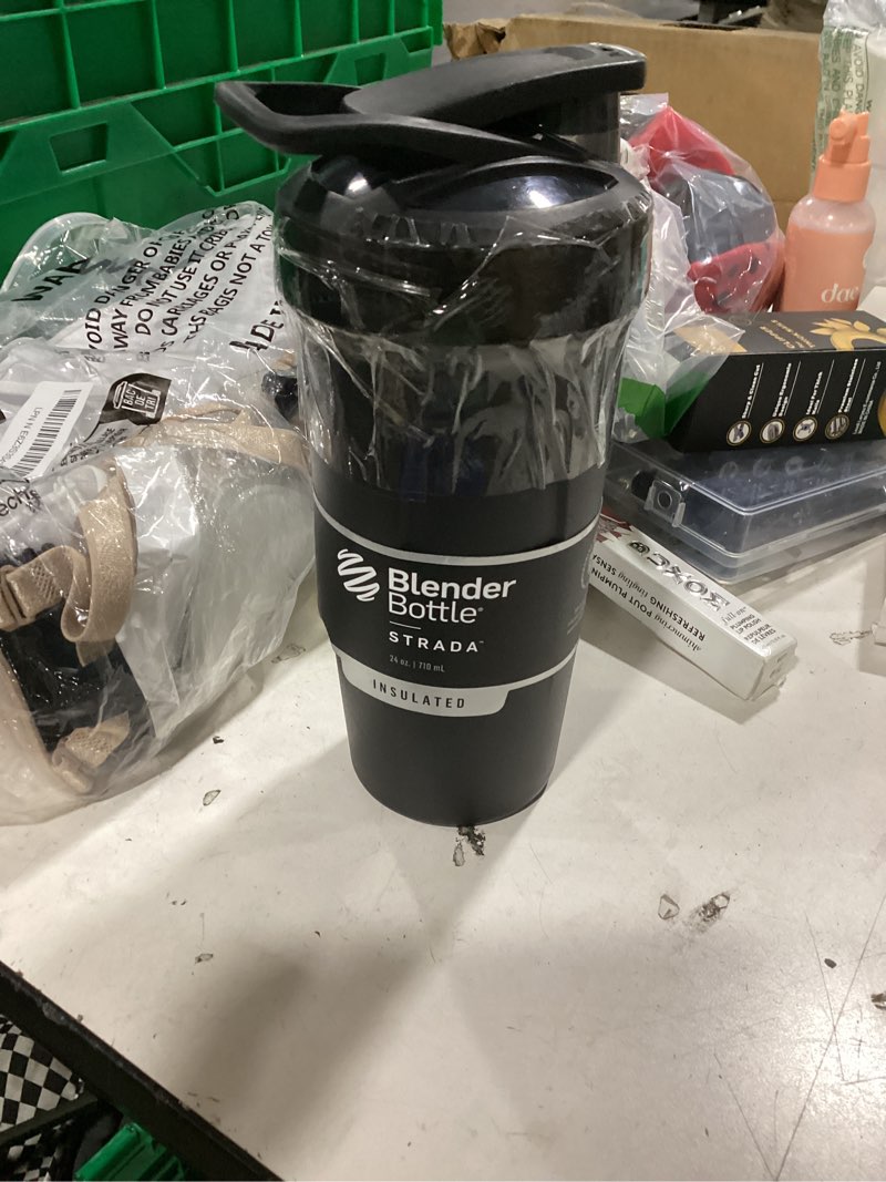 Condition photo showing New/Like New for blenderbottle strada shaker cup insulated stainless steel water bottle with wire whisk, 24-ounce, black flip black