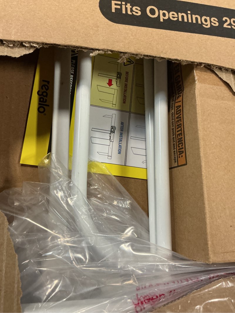 Condition photo showing Good Condition for regalo safety 38" baby gate for doorways & bottom of stairs, pressure mount design for babies, toddlers & pets, tested & safe for 30 years, american designed, american owned, white white 29-38.5"w x 30"h