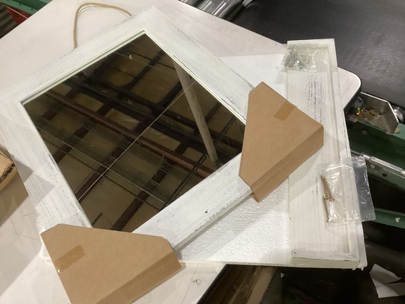 Condition photo showing New/Like New for Milar to stock photo white QDSSDECO 16\"×20\" Wall Mirror Farmhouse Decor Rectangular Mirror Hanging for Bathroom, Vanity, Bedroom, Entryway, Living Room,Brown Brown Without Shelfi