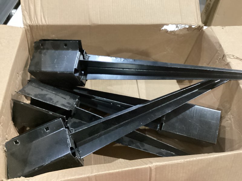 Condition photo showing As Is for fence post anchor metal ground spike heavy duty black coated powder fences stakes posts support base for 4"x4" mailbox or fence post, 24"x4"x4" outer dia (3.5"x3.5" inner dia), pack of 4