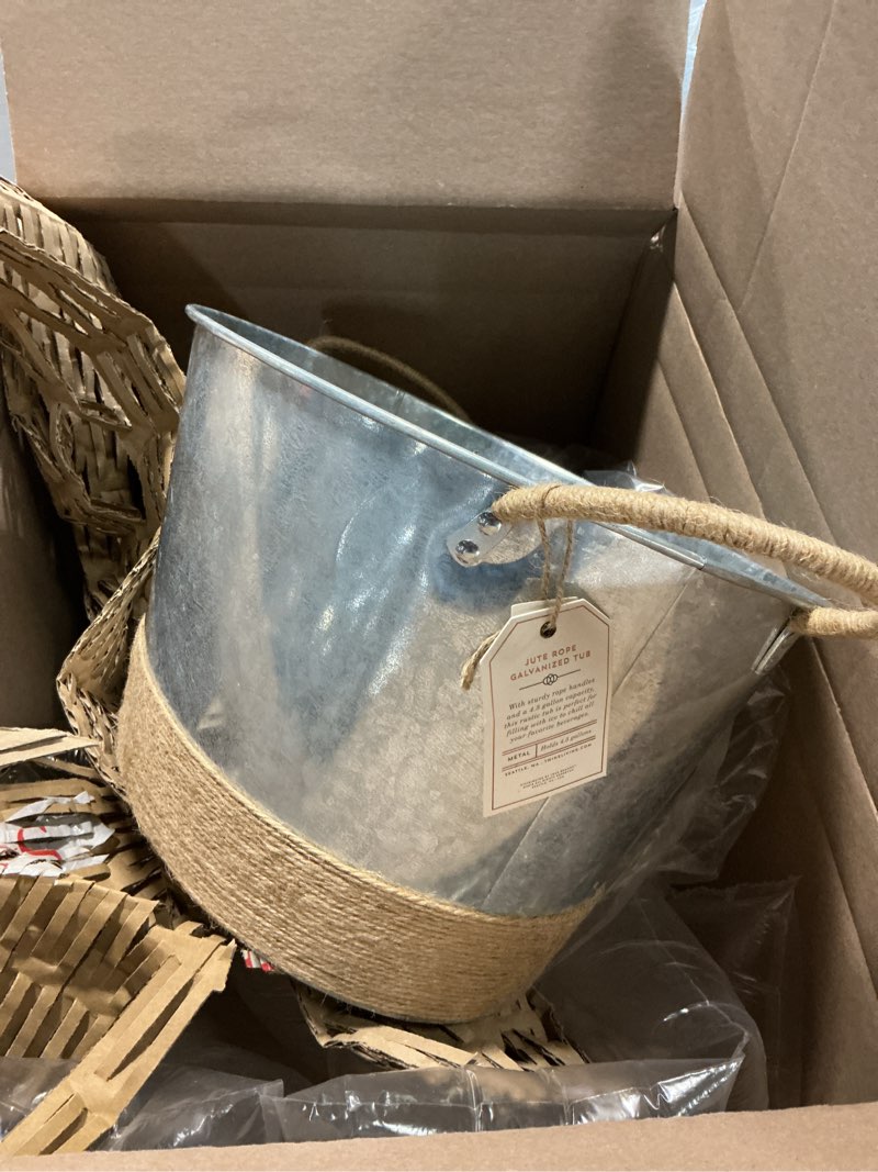 Condition photo showing Good Condition for Twine Seaside Jute Rope Wrapped Farmhouse Galvanized Ice Metal Beverage Tub, Wine, Beer Bottle Bucket, 4.5 Gallons