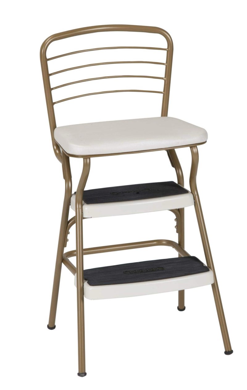 cosco stylaire retro chair + step stool with flip-up seat , gold & cream