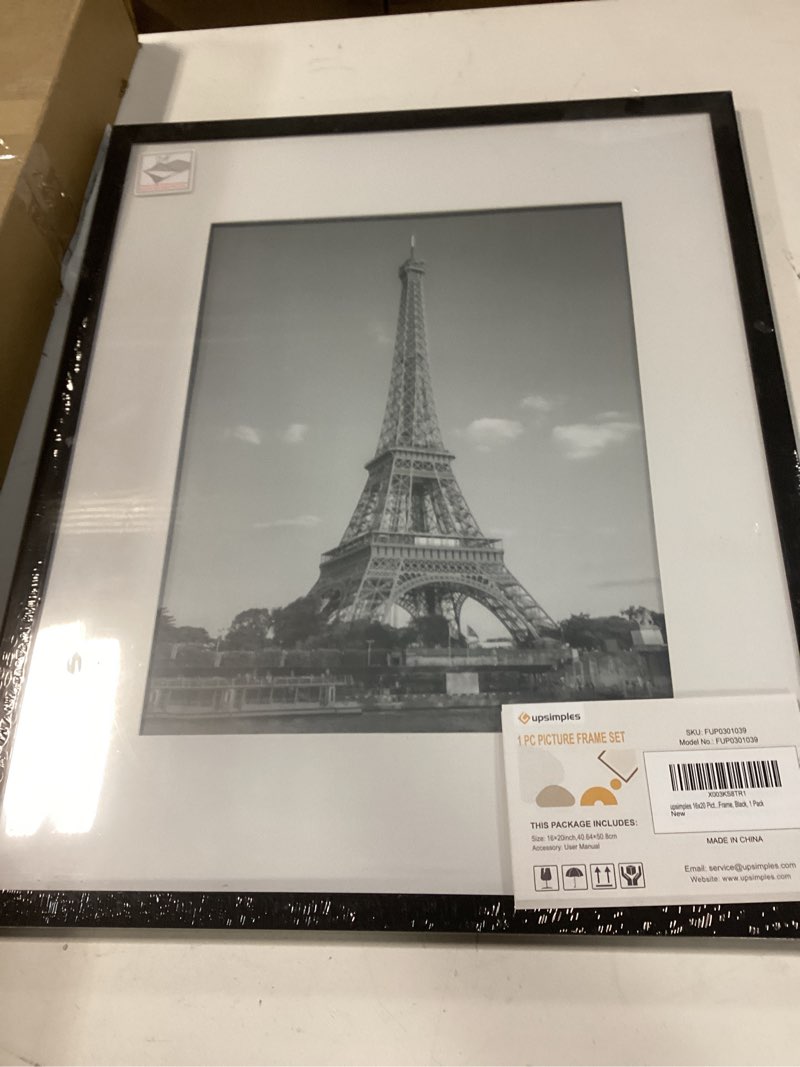 Condition photo showing New/Like New for upsimples 16x20 picture frame, display pictures 11x14 with mat or 16 x 20 without, wall hanging poster frame, black, 1 pack black 16x20
