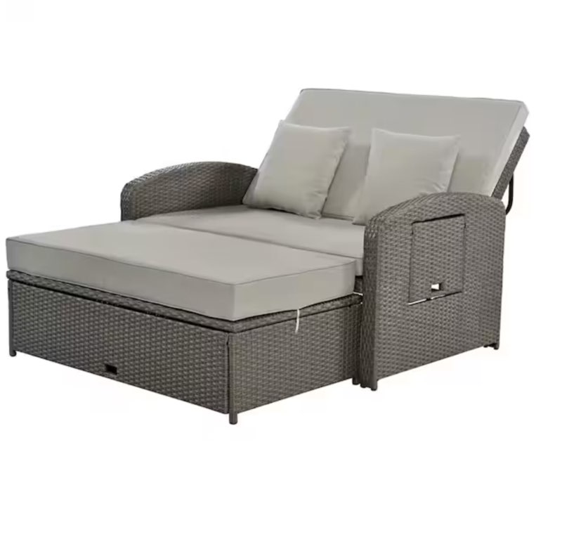 (Incomplete, box 1 / 2)PE Wicker Rattan Double Outdoor Chaise Lounge, 2-Person Reclining Daybed with Adjustable Back and Gray Cushions