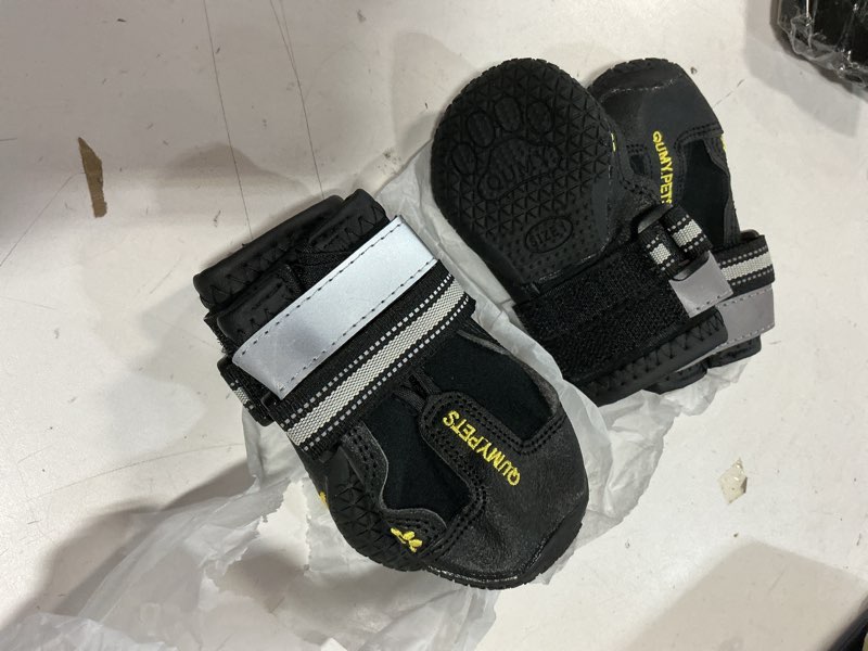 Condition photo showing Good Condition for qumy dog shoes for large dogs, medium dog boots & paw protectors for winter snowy day, summer hot pavement, water-resistant in rainy weather, outdoor walking, indoor hardfloors skid-resistant sole black size 1: 1.8''x2.3''(w*l) (pack of 4)