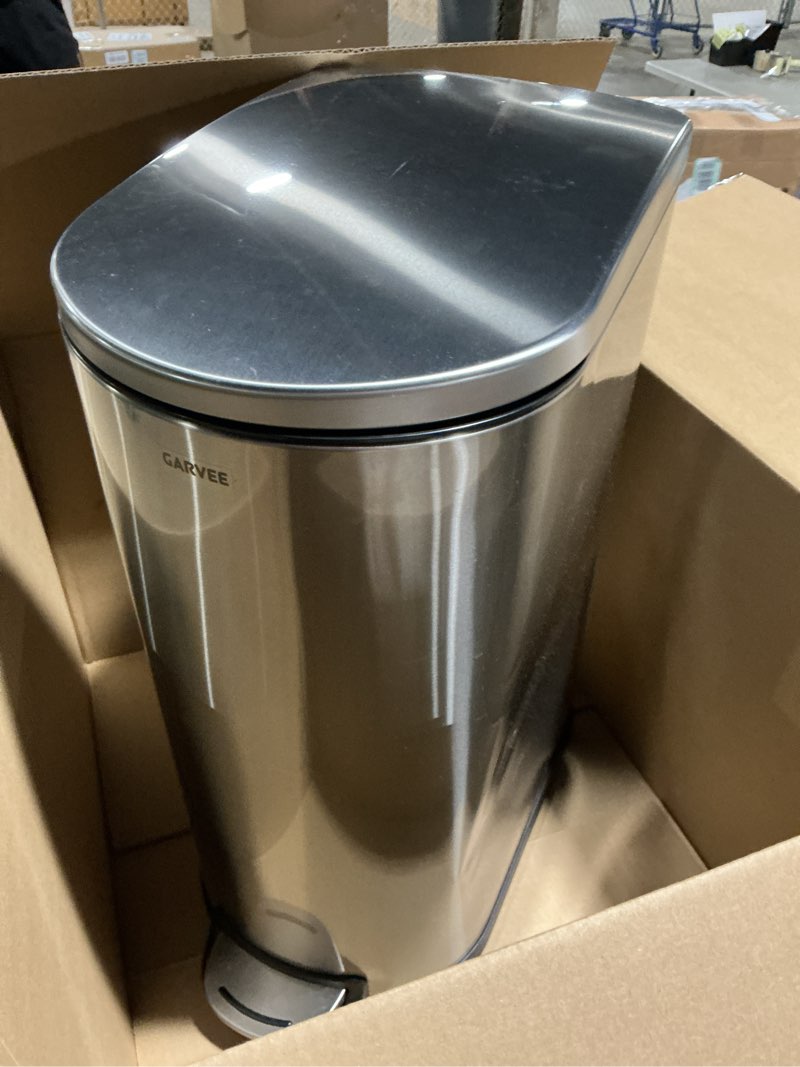 Condition photo showing As Is for Garvee Slim Kitchen Trash Can 13 Gal, Skinny Stainless Steel Garbage Can with Removable Inner Bucket & Soft Close Lid, Narrow Trash Bin for Bathroom Living Room Office, Silver Silver 13 Gallon