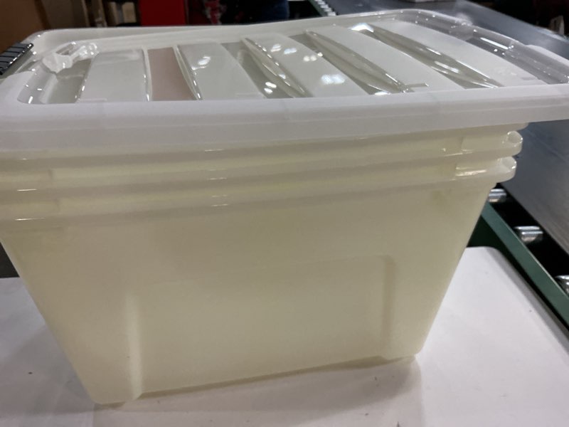 Condition photo showing As Is for ((Missing 3 lids))IRIS USA 54 QT Plastic Storage Box with Lid and Latches - 4 Pack - BPA-Free, Discreet Organizing Solution, Durable Nestable Stackable Containers, Secure Pull Handle - Pearl Pearl 54 Qt 4 Pack