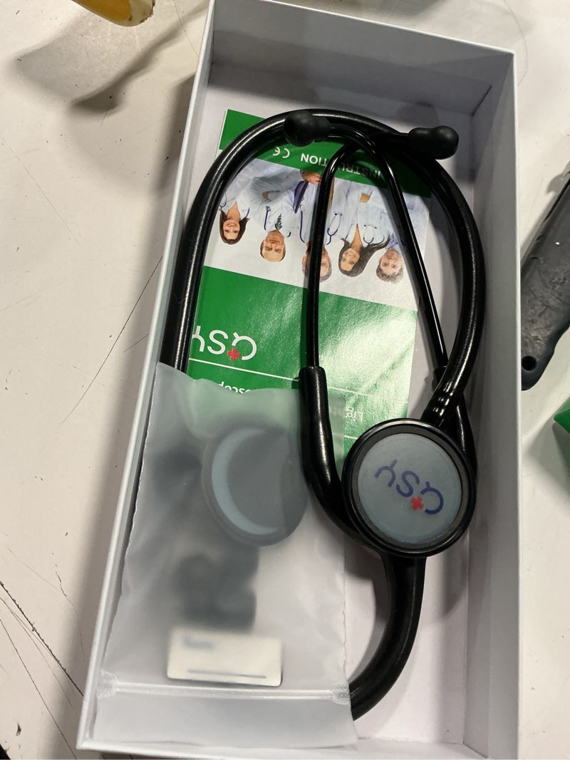 Condition photo showing Good Condition for lightweight stethoscope, dual-frequency diaphragm, bell & diaphragm & pediatric diaphragm, noise-reducing silicone ear tips, ideal for doctors, nurses, students use black