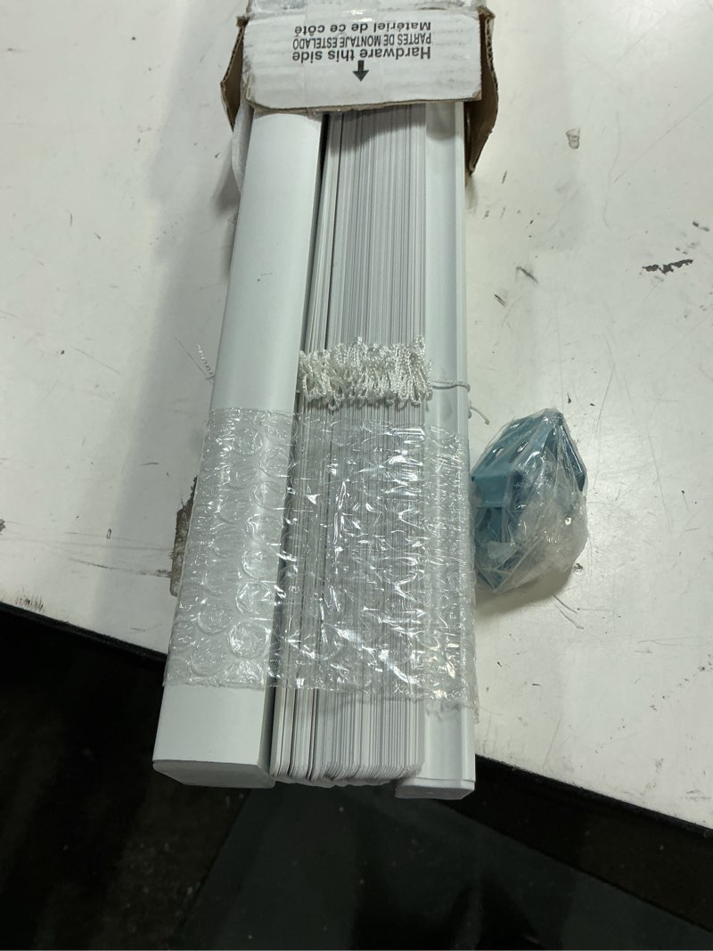 Condition photo showing As Is for project source light filtering 1-in slat width 45-in x 64-in cordless white vinyl light filtering mini-blinds