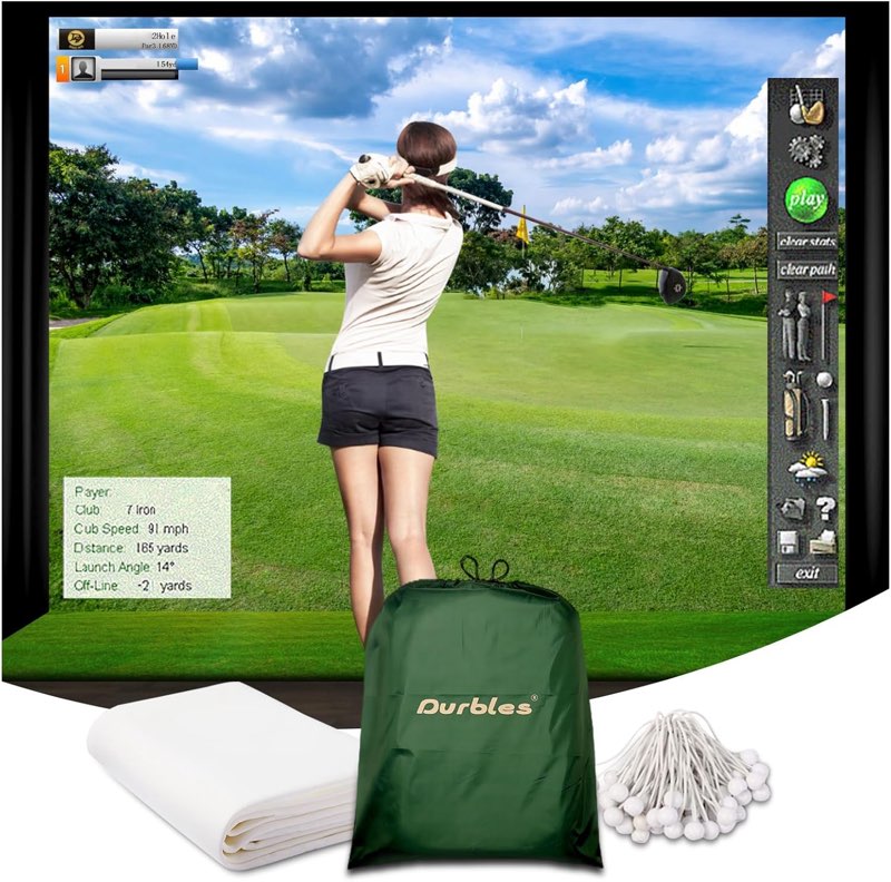 golf simulator impact screen, premium triple layer launch monitor projector screen with hd visuals, indoor practice screen for enclosure and net, hitting screen with grommets & bungee cords 9.8 x 8.5 ft