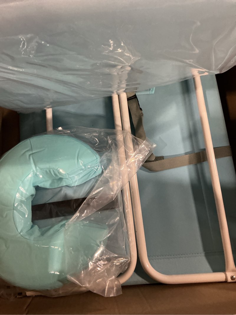 Condition photo showing Good Condition for 3 in 1 women comfort backpack beach tanning lounge chair with cushion face hole softer padded adjustable washable, folding layout sun chair for adults outside reading sunbathing poolside, 6 position light blue / 1 pack classic