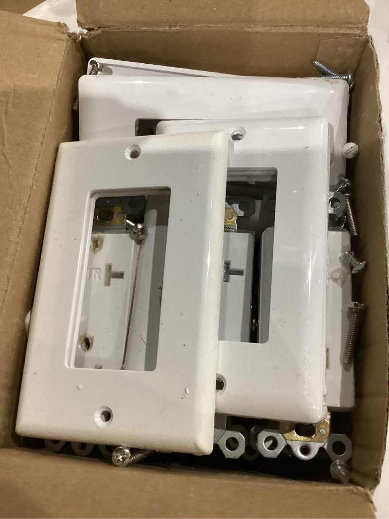 Condition photo showing As Is for ENERLITES 20 Pack White Decorator Receptacle with Screwless Wall Plate, Standard Electrical Wall Outlet, 15A 125V, Self-Grounding, 2-Pole, 3-Wire, 5-15R, UL Listed, 61502-TR-WSID, Tamper Resistant Wall Plate Included Glossy White 20
