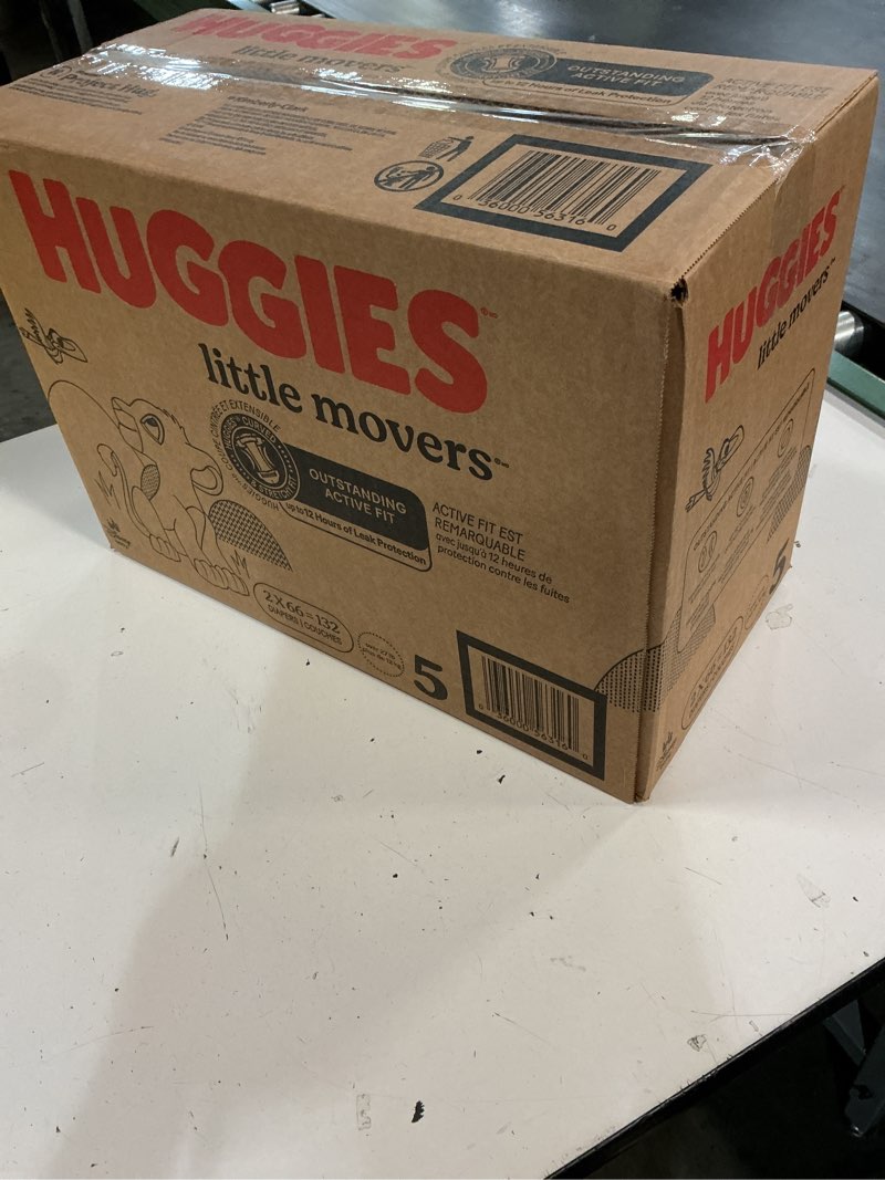 Condition photo showing New/Like New for huggies size 5 diapers, little movers baby diapers, size 5 (27+ lbs), 132 count (2 packs of 66), packaging may vary size 5 132