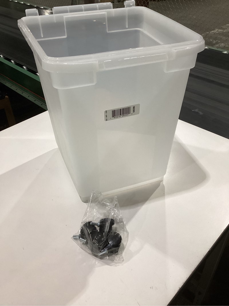 Condition photo showing As Is for iris usa airtight dog food storage container 25 lbs, removable wheels, for dog cat bird and other pets, food storage bin, keep fresh, made in usa, clear/dark gray 25 lbs dark gray, missing parts
