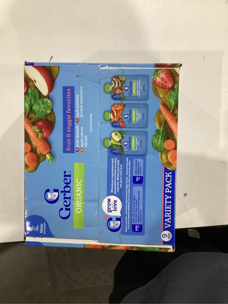 Condition photo showing New/Like New for gerber stage 2 baby food, organic fruit and veggie favorites puree pouches variety pack, no added sweetener, baby food pouches, 9-pack variety 3.5 ounce 1