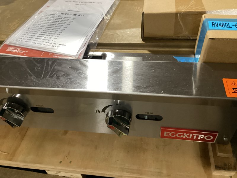 Condition photo showing As Is for eggkitpo 36 inch csa certified commercial propane/natural gas griddle manual controls 90,000 btu countertop flat top grill hot plate with independeent knob 3 burners teppanyaki grill for restaurant
