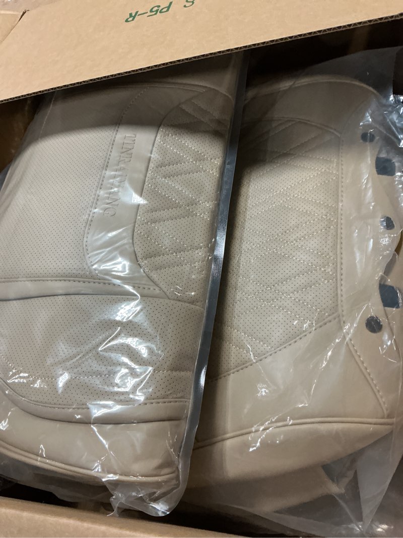 Condition photo showing As Is for car seat covers full set, breathable leather automotive front and rear seat covers & headrest, universal automotive vehicle seat cover for most sedan suv pick-up trucks, beige full set (all with headrests) beige