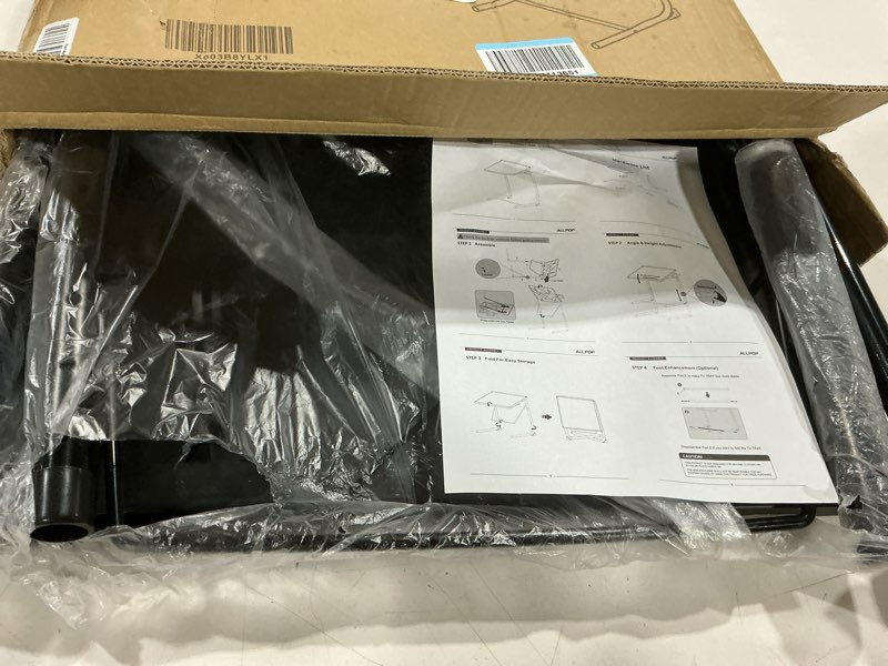 Condition photo showing As Is for allpop tv tray table - adjustable tv dinner tray for eating, folding laptop table with 6 heights & 3 tilt angles, cup holder on couch & bed, black black allpop-tv tray