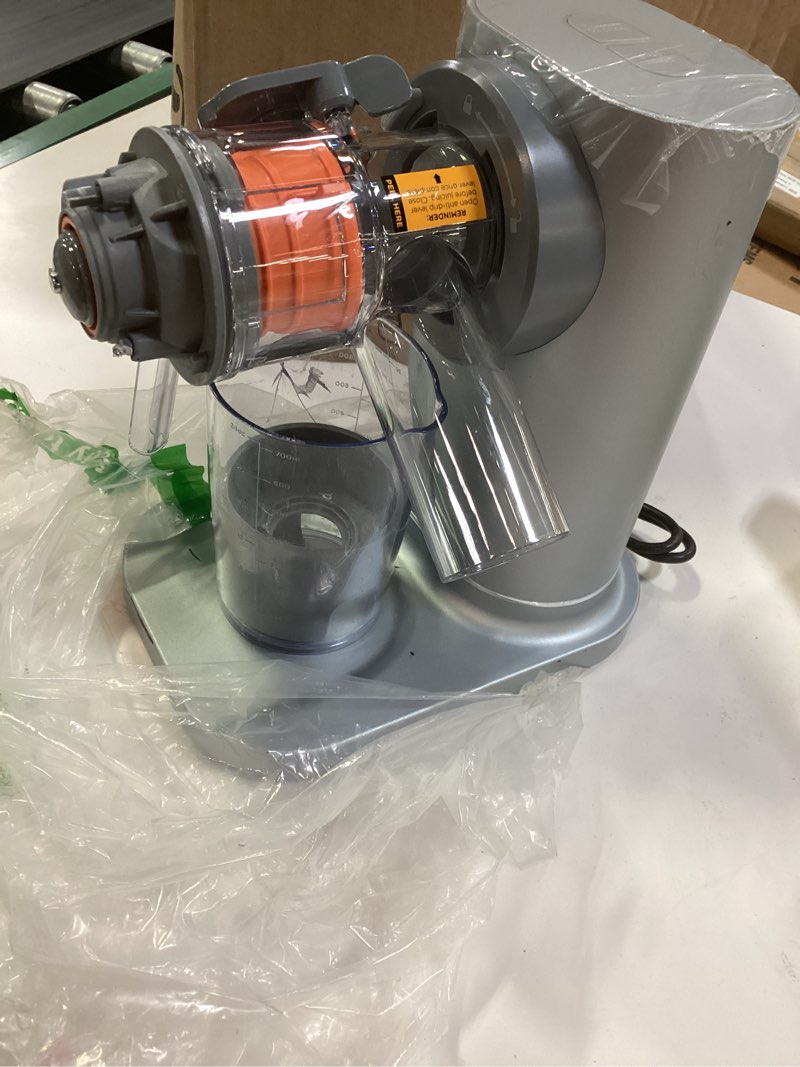 Condition photo showing As Is for Ninja NeverClog Cold Press Juicer, Powerful Slow Juicer with Total Pulp Control, Countertop, Electric, 2 Pulp Functions, Dishwasher Safe, 2nd Generation, Steam Gray, JC151SL