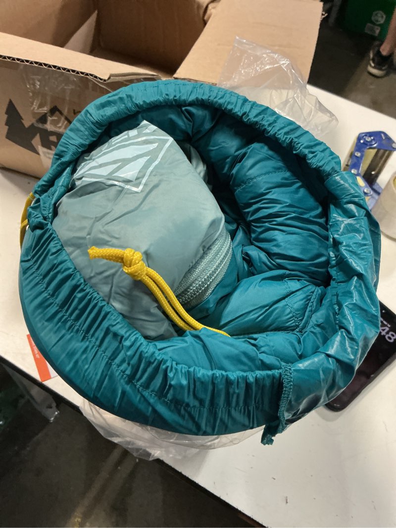 Condition photo showing As Is for kelty galactic down 30 degree sleeping bag, 550 fill power rds trackable down, backpacking and camping, zip together for 2p sleeping bag (duck green)