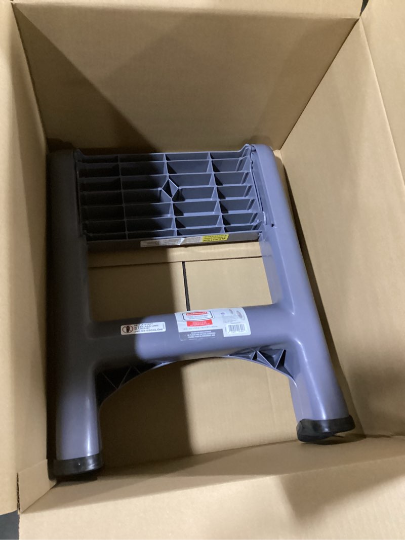 Condition photo showing New/Like New for rubbermaid two-step folding foot stool 14-inch high gray 300-pound capacity small step stool for adults/kids for use in library/kitchen/bathroom/garage/closet gray folding