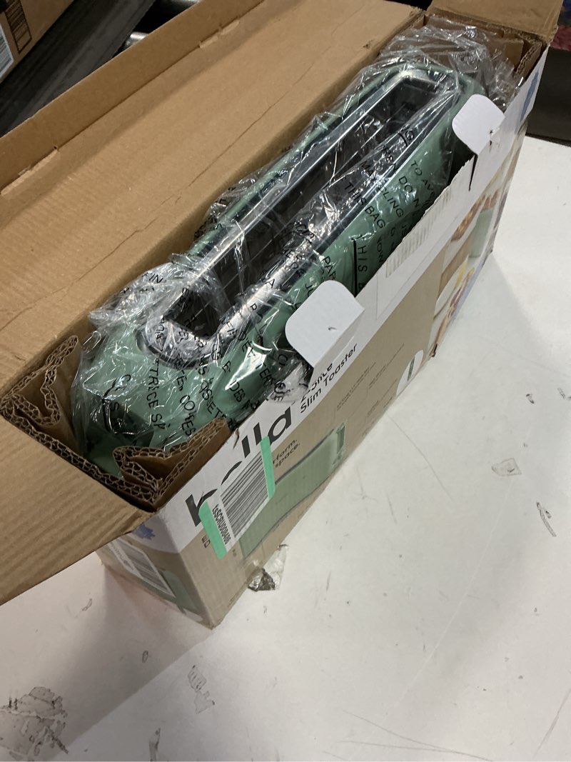 Condition photo showing Good Condition for bella 2 Slice Slim Toaster, Fits-anywhere™ Kitchenware, 6 Setting Shade Control with Reheat & Cancel Buttons, Fits Sourdough, 10” Long Slot, Anti Jam & Auto Shutoff, 900 Watt, Seaglass 2 Slice Seaglass