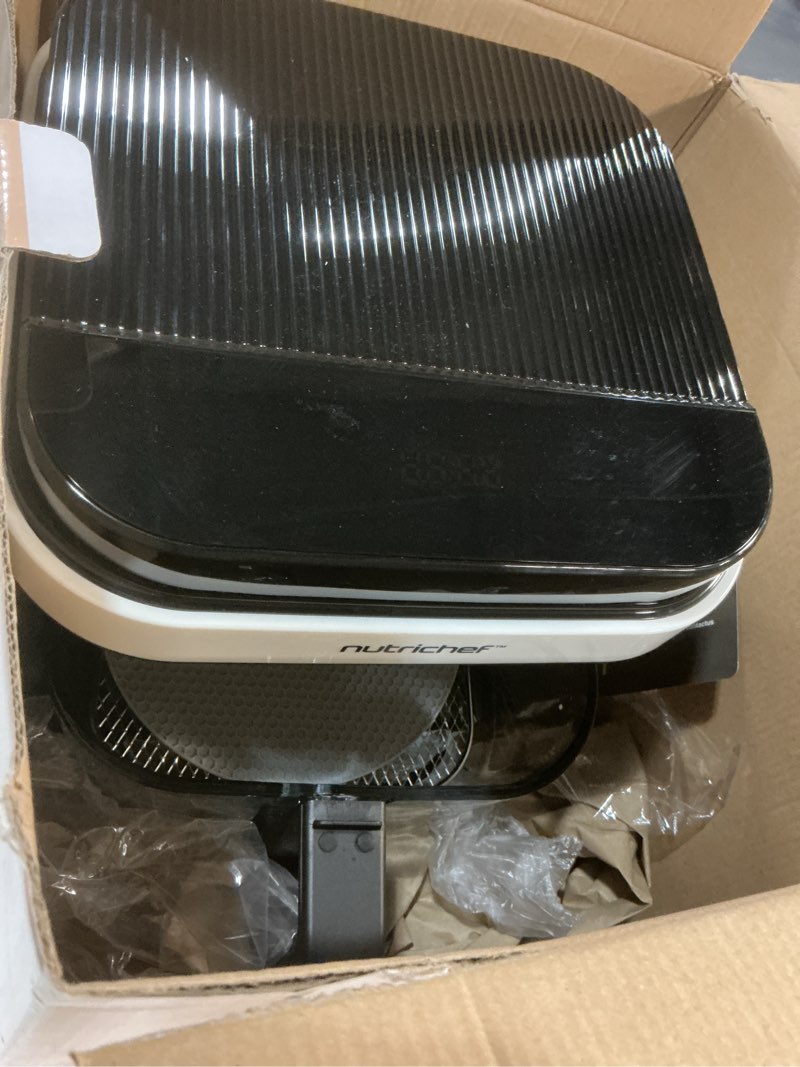 Condition photo showing Good Condition for nutrichef 5.8 quart air fryer | 8-1 preset cook modes | transparent fry bowl for best cooking results | cook shrimp, steak, fries, wings, chicken & more | precise temperature control & time | white