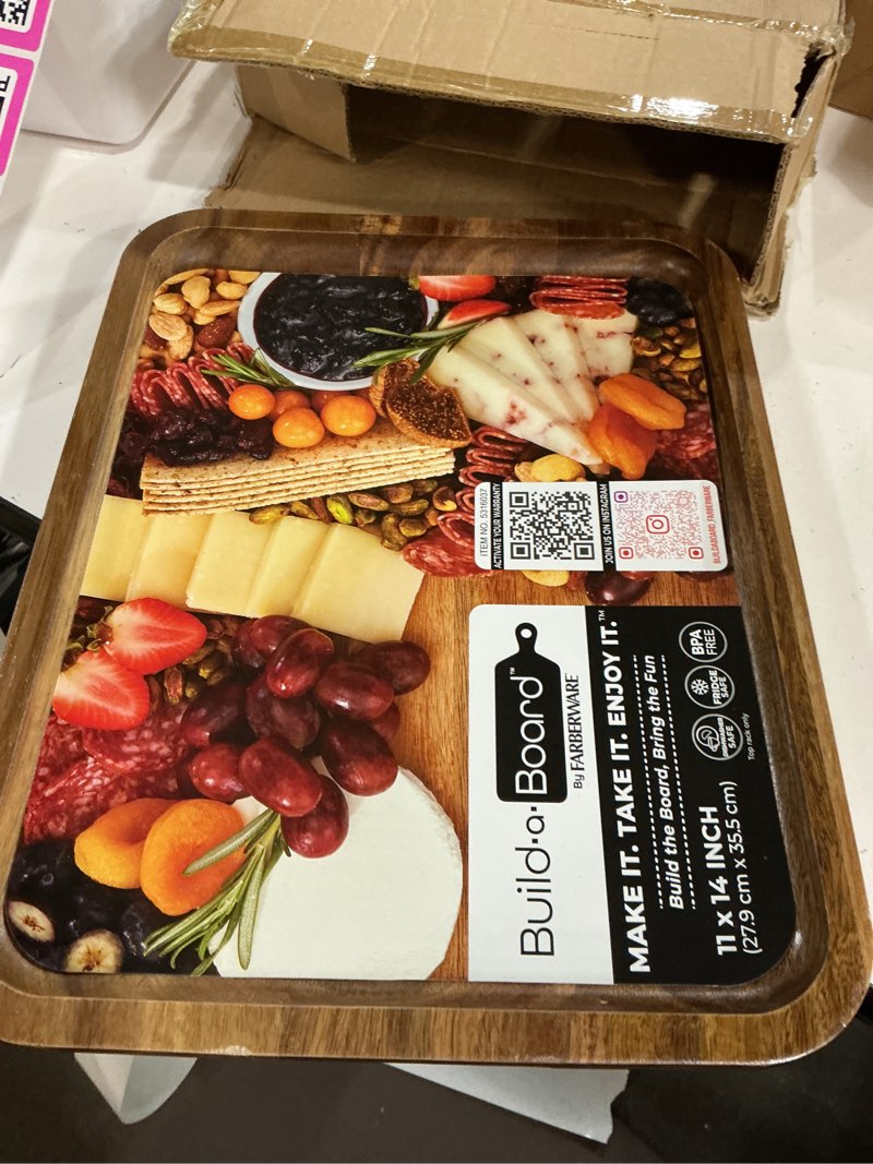 Condition photo showing As Is for farberware build-a-board acacia cutting board with built-in storage compartments, clear locking lid & white handles, great for charcuterie & snacks white multiple compartments