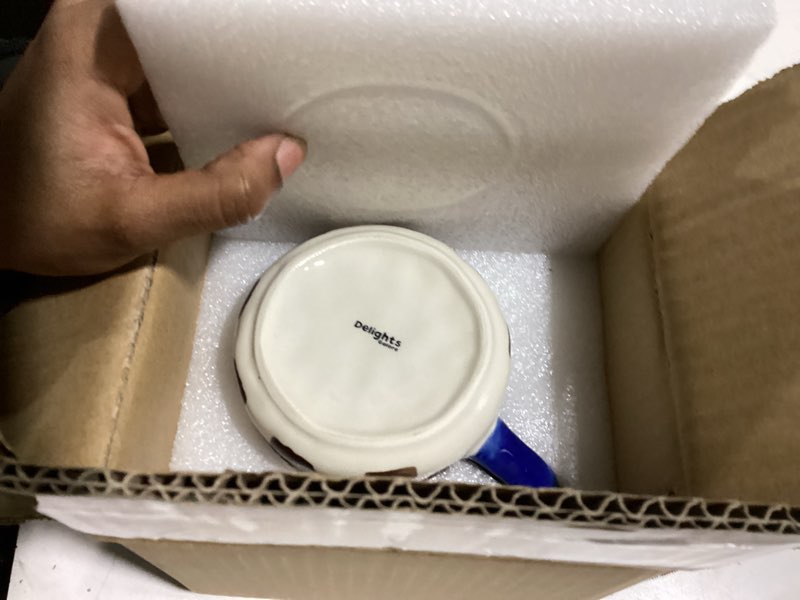 Condition photo showing New/Like New for Retro Checkered Ceramic Coffee Mug 16Oz - Extra Large Handle, Microwave Safe Vintage Patterned Tea Cup for Home, Office Blue and White Checkered Pattern, Brown Handle Blue Grid-1Pack