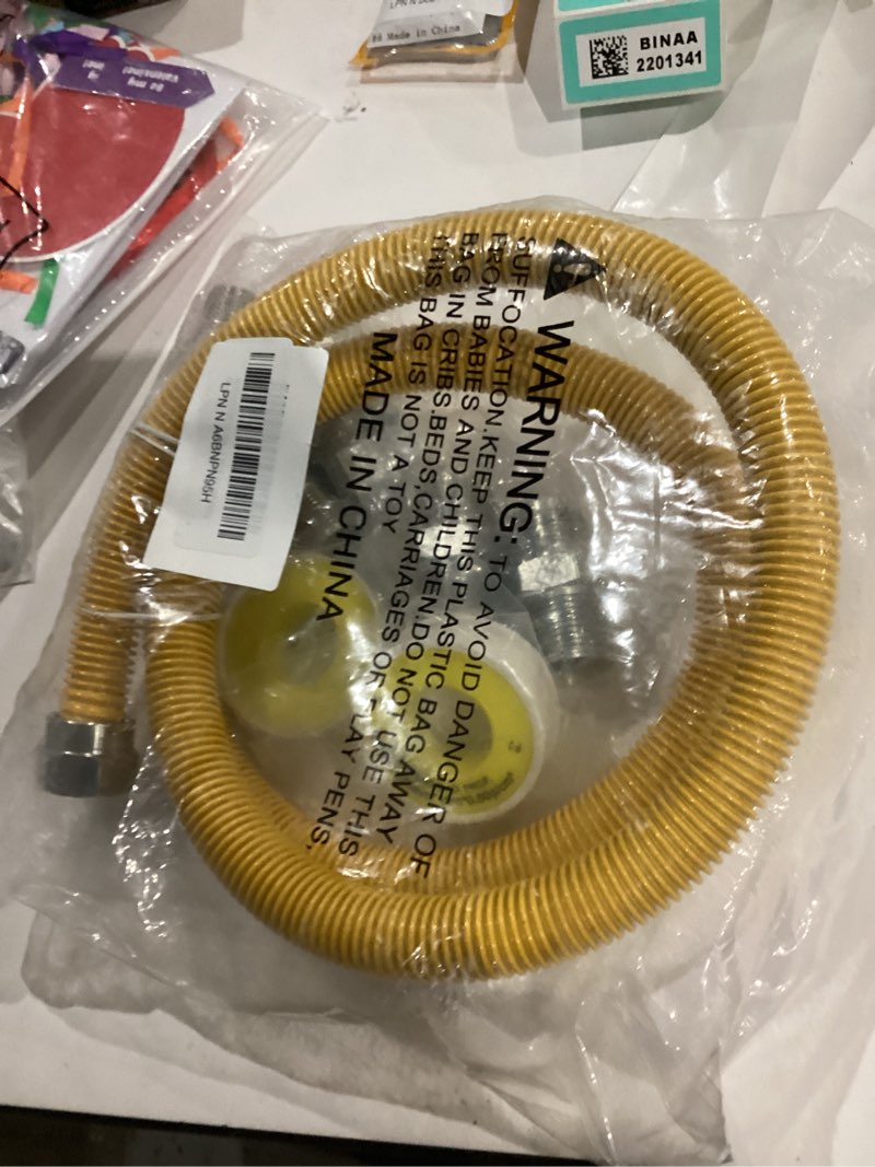 Condition photo showing As Is for AMI PARTS 48" Flexible Gas Line Kit Yellow Coated, Gas Hose Connector Kit for Dryer, Stove, Water Heater,5/8" OD(1/2" ID) Stainless Steel Gas Line with Connector 1/2" MIP &1/2"FIP & 3/4"MIP Fitting 48inch