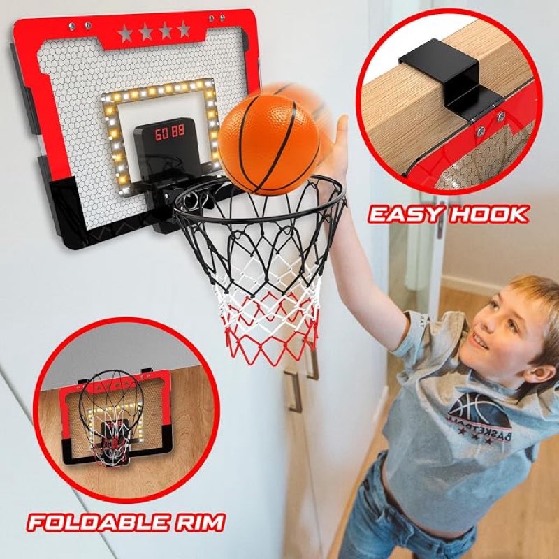 Condition photo showing As Is for indoor basketball hoop for kids, mini basketball hoop with double electronic scoreboard and led light, over the door basketball gifts
