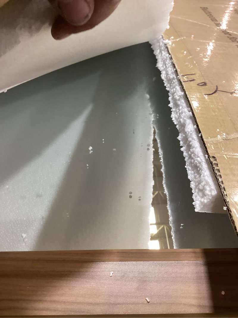 Condition photo showing Good Condition for amorho bathroom mirror, 30x36 inch wall mirror, walnut wood grain metal framed, anti-rust, hang horizontally/vertically, suitable for bedroom, farmhouse, bathroom, decorative