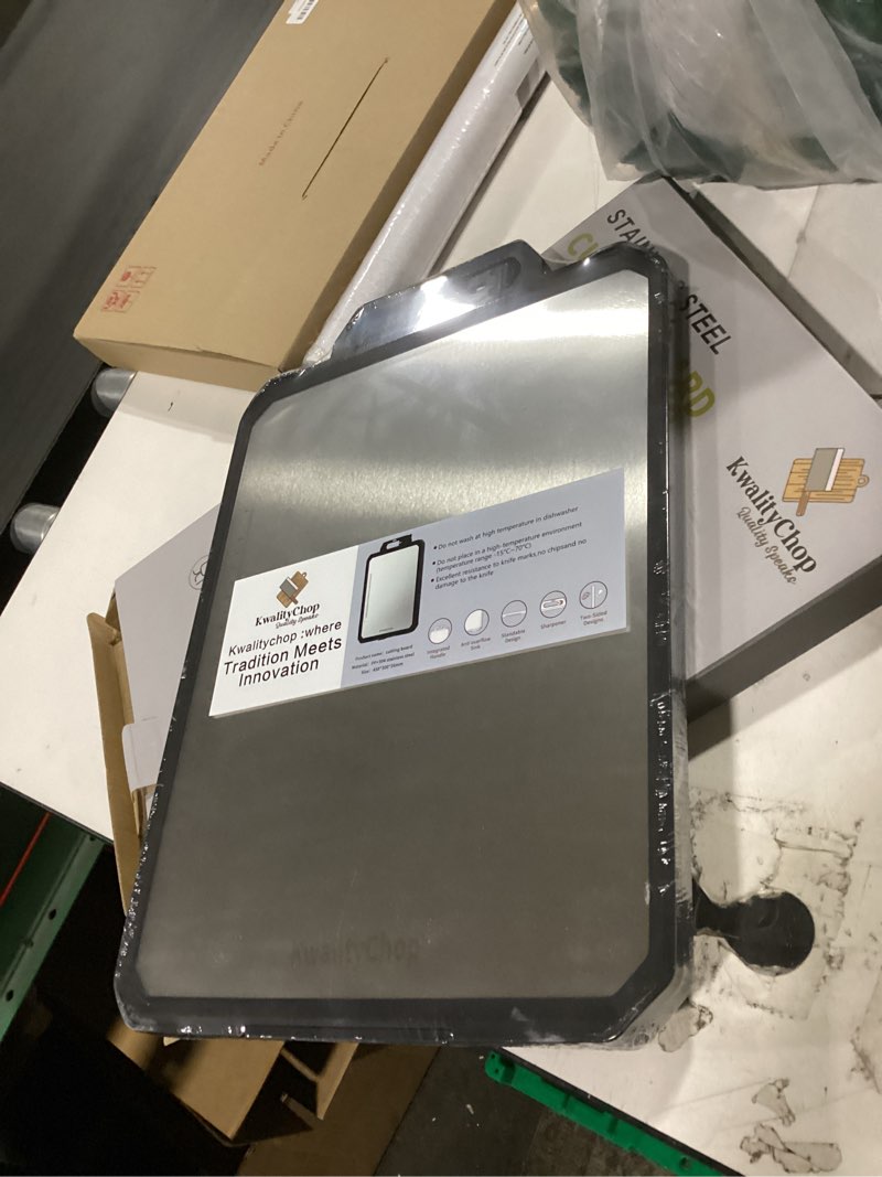 Condition photo showing New/Like New for double-sided stainless steel cutting board with knife sharpener & stand -17x12" stainless steel cutting boards for kitchen - dishwasher safe cutting boards,chopping board, large cutting board/pp