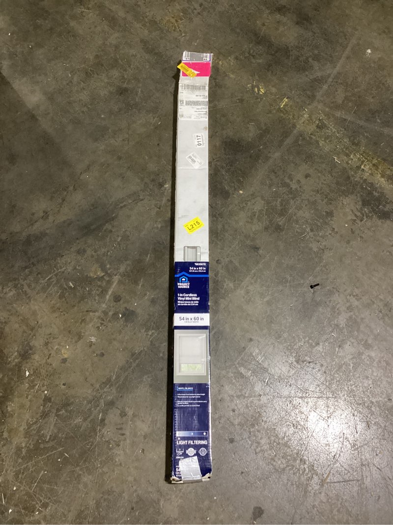 Condition photo showing As Is for (Similar Too)Project Source 1-in Slat Width 54-in x 60-in Cordless White Vinyl Light filtering Mini-blinds