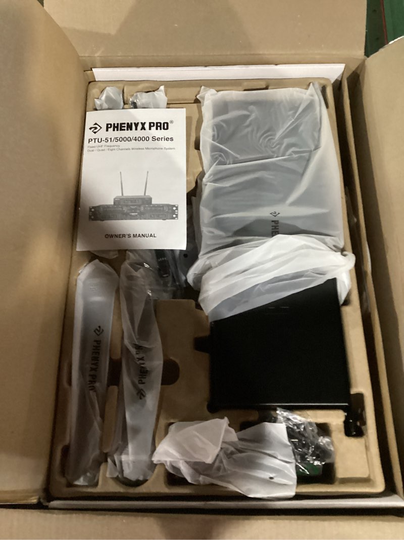 Condition photo showing Good Condition for Phenyx Pro Wireless Microphone System, 4-Channel UHF Wireless Mic, Fixed Frequency Metal Cordless Mic with 4 Handheld Dynamic Microphones, 260ft Range, Mics for Singing, Church(PTU-5000-4H)