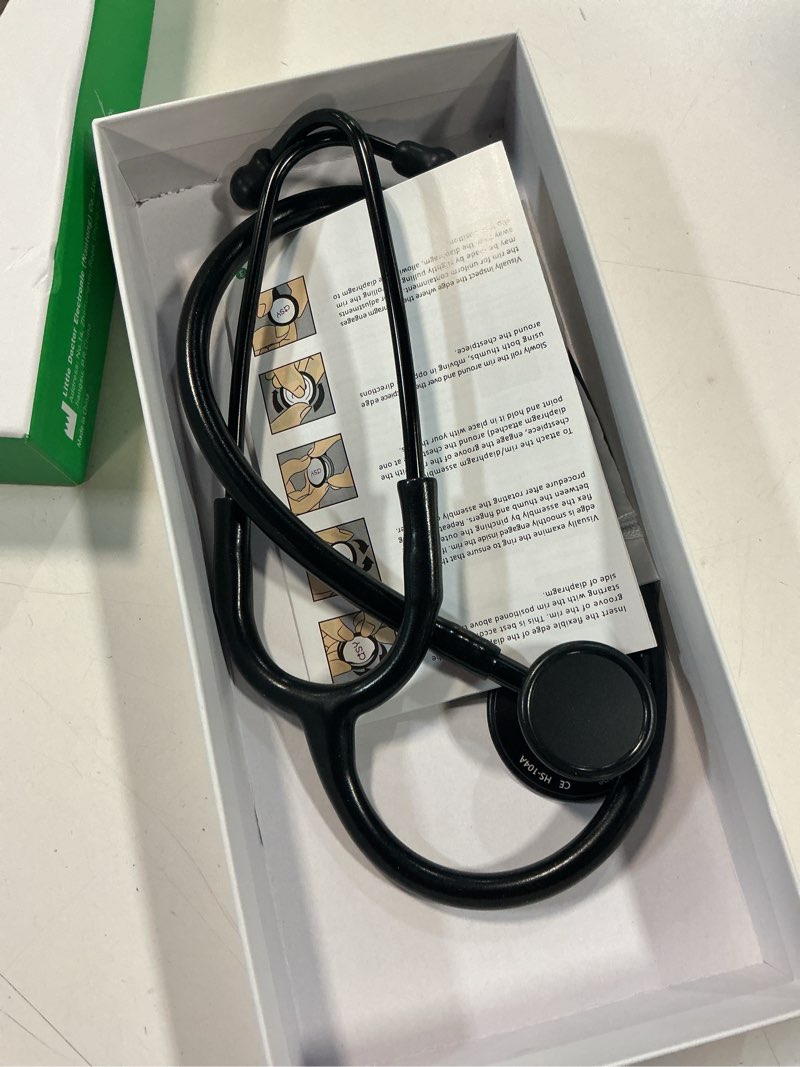 Condition photo showing As Is for lightweight stethoscope, dual-frequency diaphragm, bell & diaphragm & pediatric diaphragm, noise-reducing silicone ear tips, ideal for doctors, nurses, students use black