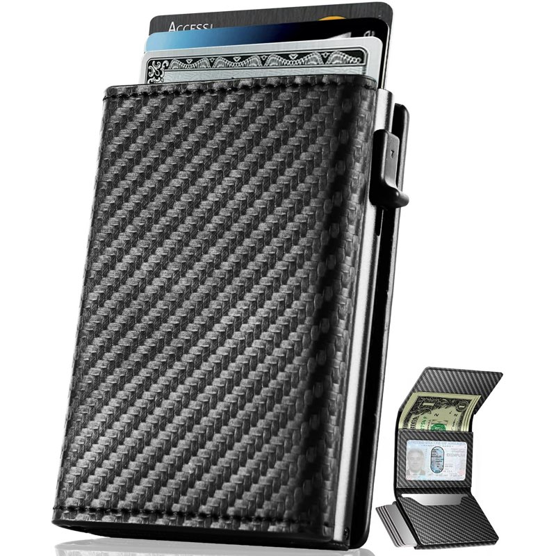 wellnec men's pop up wallet with id window, rfid blocking, 10 cards capacity, carbon fiber
