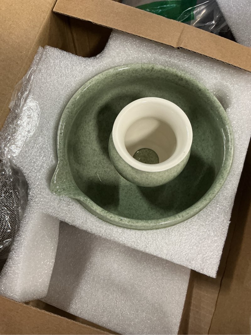 Condition photo showing Good Condition for yibo matcha whisk set with bowl, ceramic matcha making kit includes bamboo whisk (chasen), holder stand, powder starter sifter, scoop, measuring spoon & cup tea tools for ceremony (mottled green)