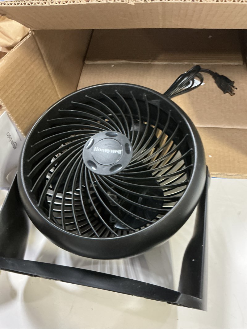 Condition photo showing As Is for Amazon Basics Air Circulator Fan, Desk Fan for Bedroom, Home and Office, With 90-Degree Tilt Head, 3 Speed Settings, Lightweight (4.2 LBS), 70 Watts, Black, 14.8"Wx7.6"Dx14.1"H 14.8"W x 7.6"D x 14.1"H