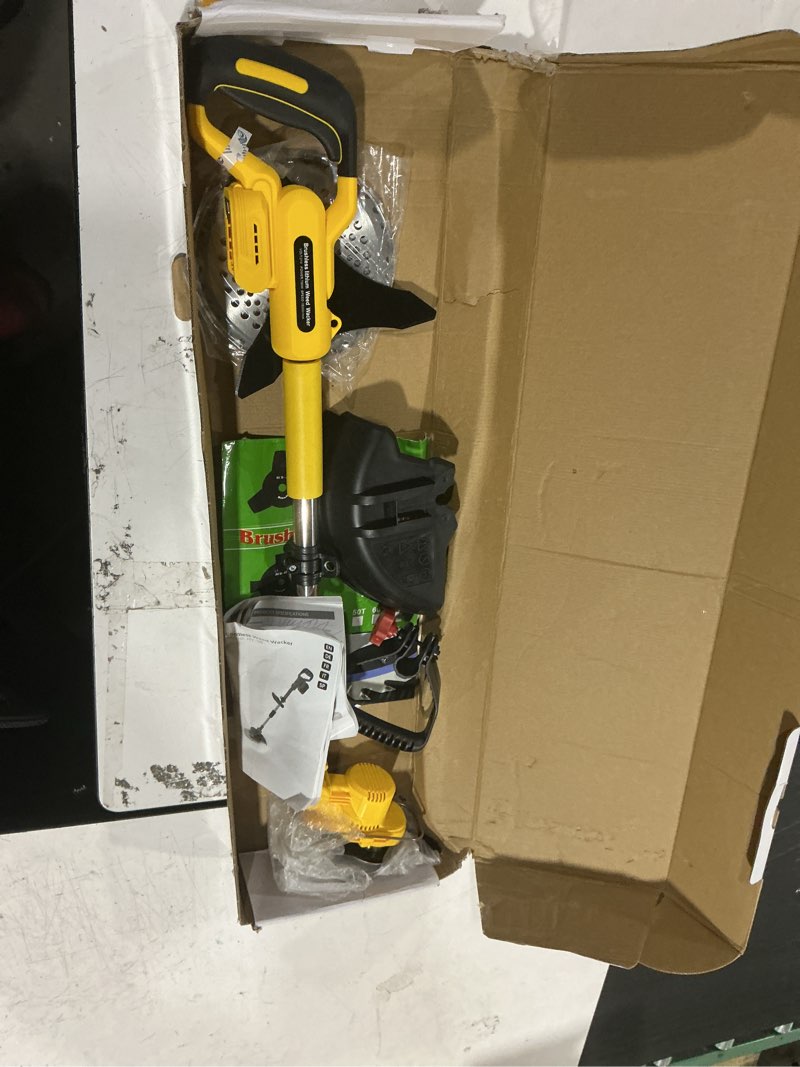 Condition photo showing As Is for cordless weed wacker
