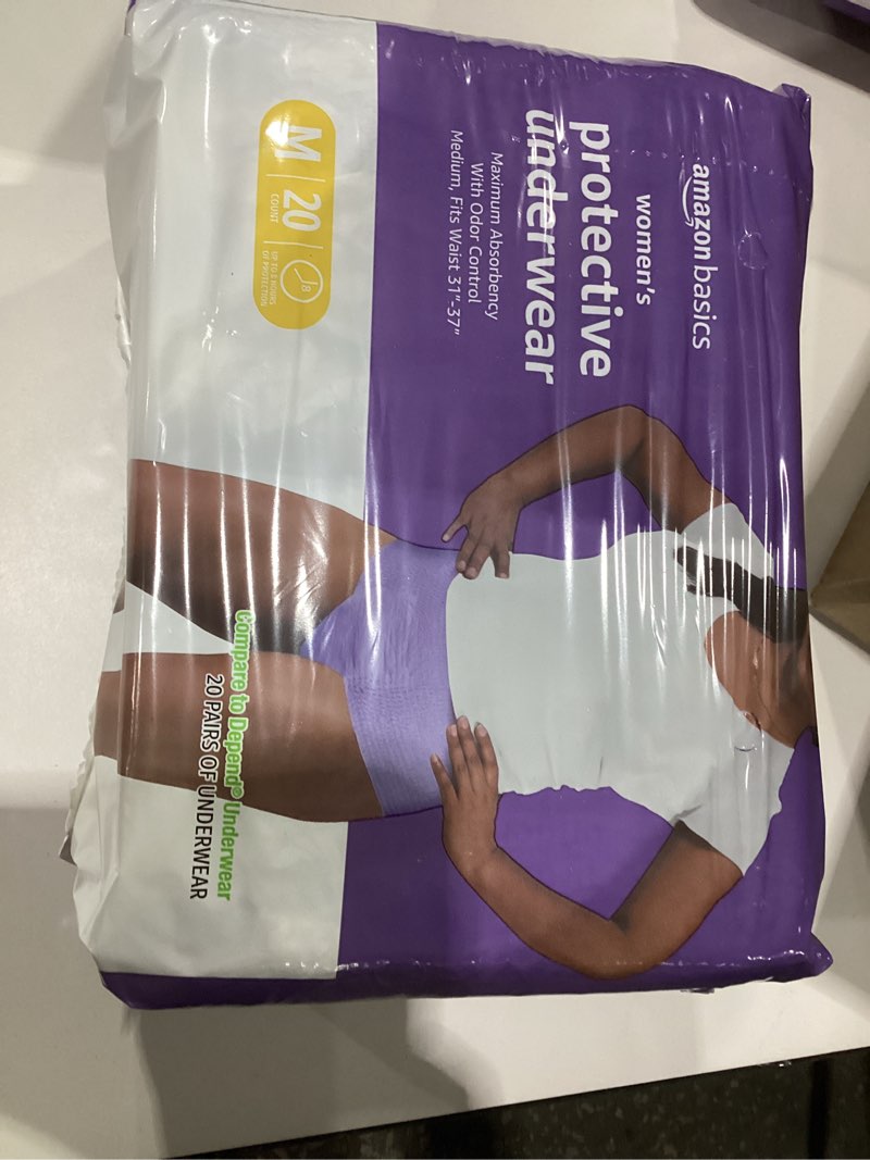 Condition photo showing New/Like New for Amazon Basics Incontinence Underwear for Women, Protective, Disposable, Postpartum, Maximum Absorbency, Medium, Lavender, 20 Count Medium 20.0
