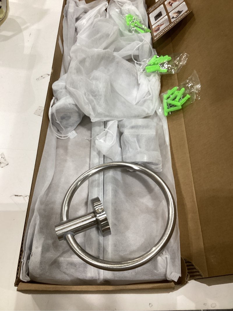 Condition photo showing Good Condition for Hinmood Bathroom Hardware Set Brushed Nickel, 24 Inch Towel Bar Set 10 Pieces Bathroom Accessories Set Includes Includes 2 Packs 24 Inch Towel Bar, Towel Ring, Toilet Holder and 4 Packs Towel Hooks