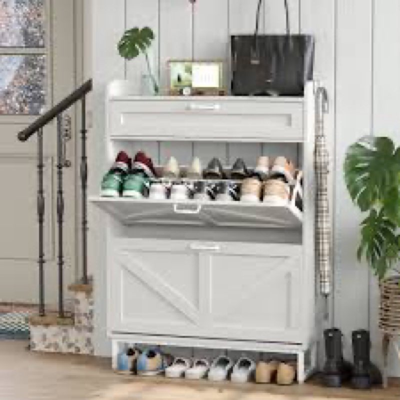 (different color to stock photo)16 Pair Shoe Storage Cabinet with Drawer,Farmhouse Shoe Cabinet for Entryway