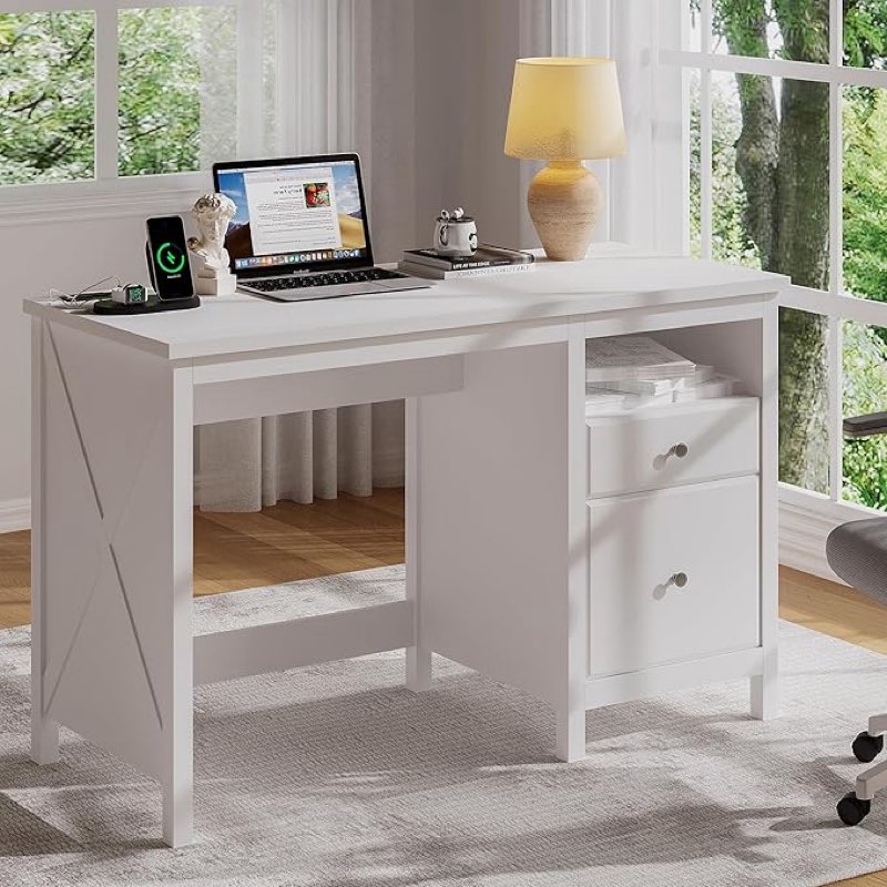 ChooChoo 47" Farmhouse Executive Desk with Drawers, Home Office Computer Desk with Charging Station, 2 Storage Drawers and Open Shelf, Vanity Desk Writing Table for Study and Bedroom, White